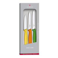 6.7116.31G Набор из 3 ножей VICTORINOX Swiss Classic: жёлтый нож для овощей 8 см, оранжевый нож для овощей 10 см, зелёный столовый нож с волнистой заточкой 11 см, нержавеющая сталь, пластиковая рукоять, в подарочной коробке