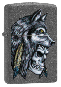 Zippo 29863 Зажигалка Wolf Skull Feather Design с покрытием Iron Stone™, латунь/сталь, серая, матовая, 36x12x56 мм