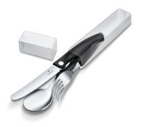 6.7192.F3 Набор из 3 столовых приборов VICTORINOX Swiss Classic: складной нож для овощей 11 см с волнистой заточкой лезвия, вилка, ложка, нержавеющая сталь / полипропилен, чёрная рукоять, в картонном блистере
