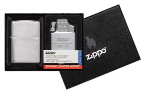 200-082950 Набор ZIPPO:  зажигалка 200 с покрытием Brushed Chrome и газовый вставной блок с двойным пламенем 65827, в подарочной коробке