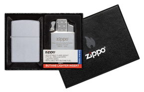 205-090201 Набор ZIPPO: зажигалка 205 с покрытием Satin Chrome™ и газовый вставной блок с двойным пламенем 65827, в подарочной коробке